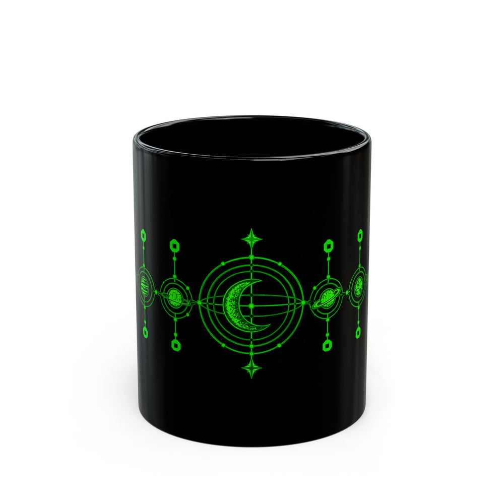 All-black Fifth Social mug with neon-green celestial artwork